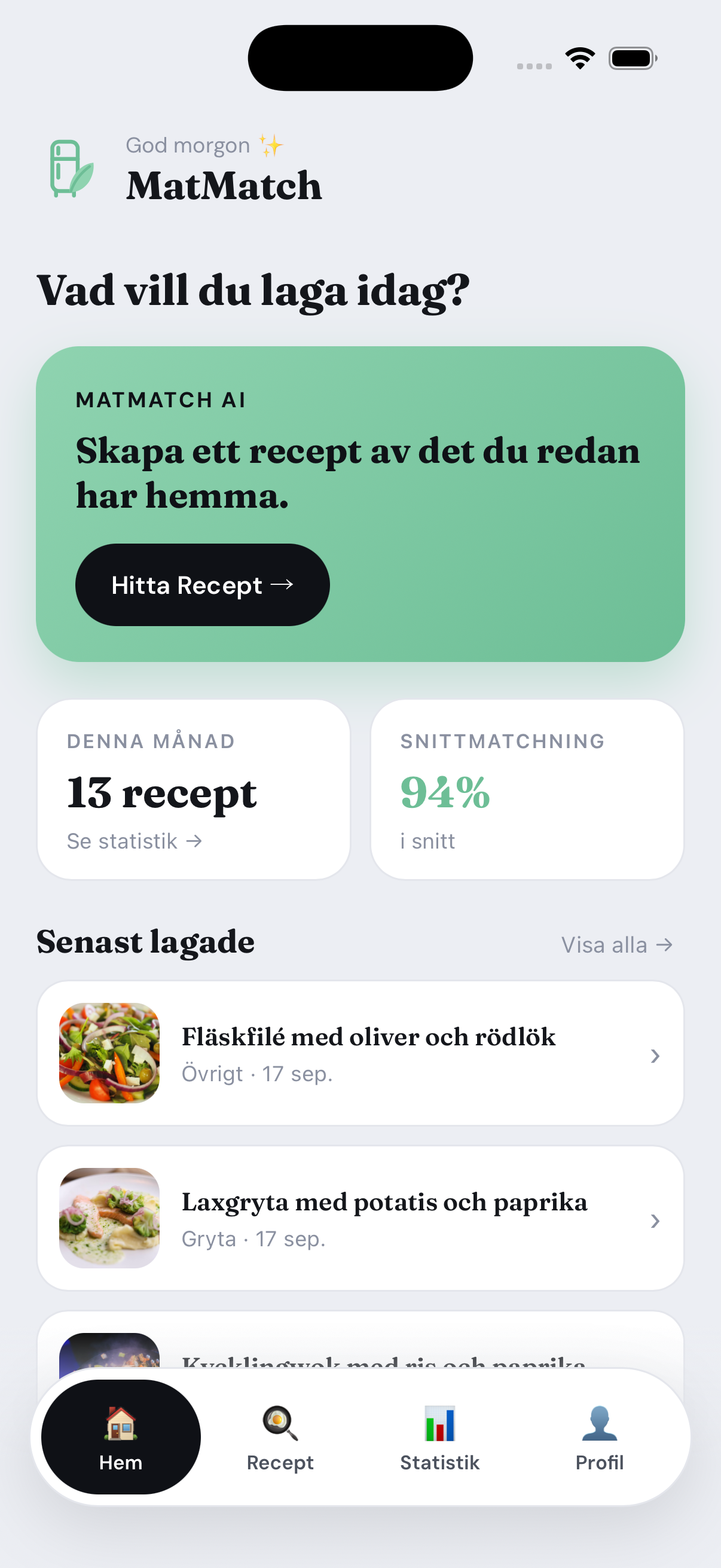 MatMatch-appens hemskärm med receptförslag
